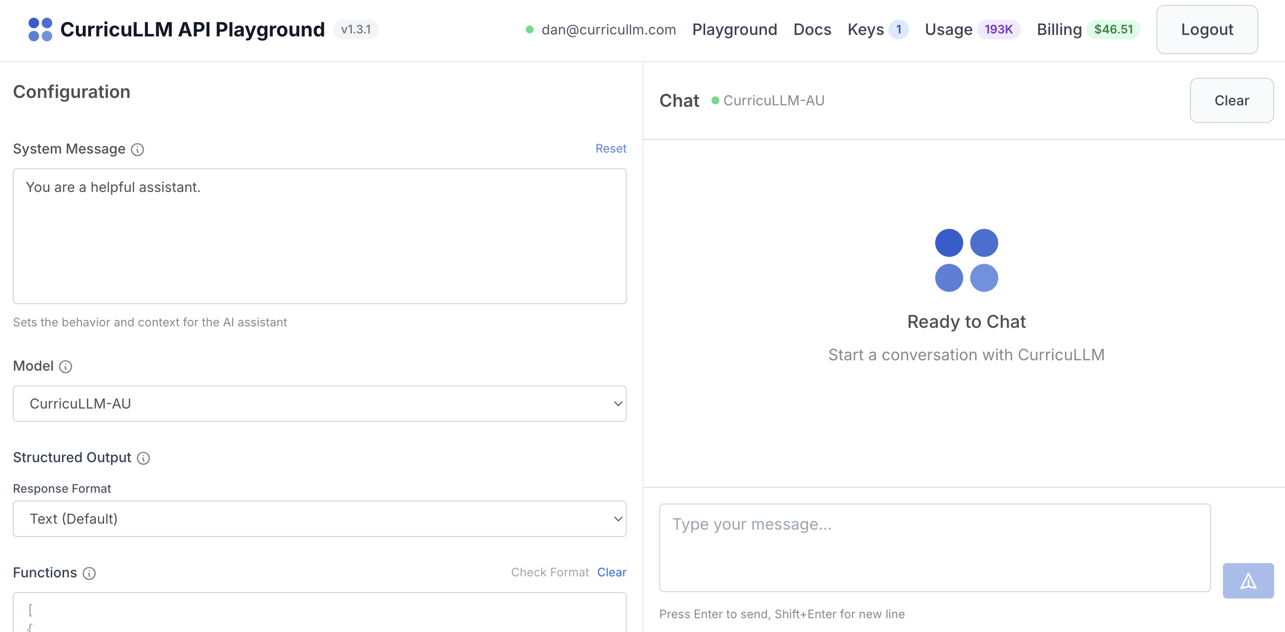 CurricuLLM API Playground Interface